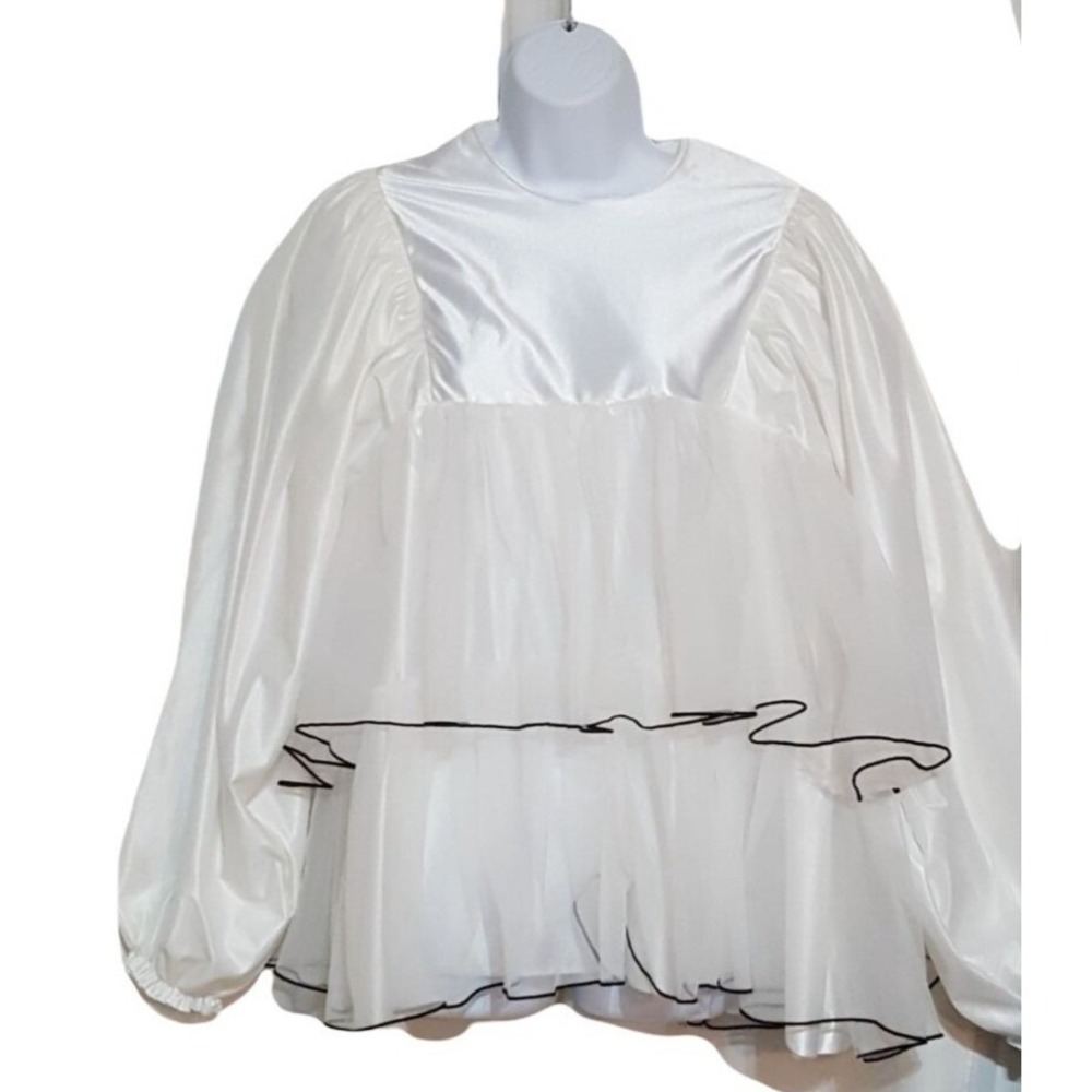 Vintage La Mendola Blouse Top Costume White Chiffon Layers Black Piping Long Sle